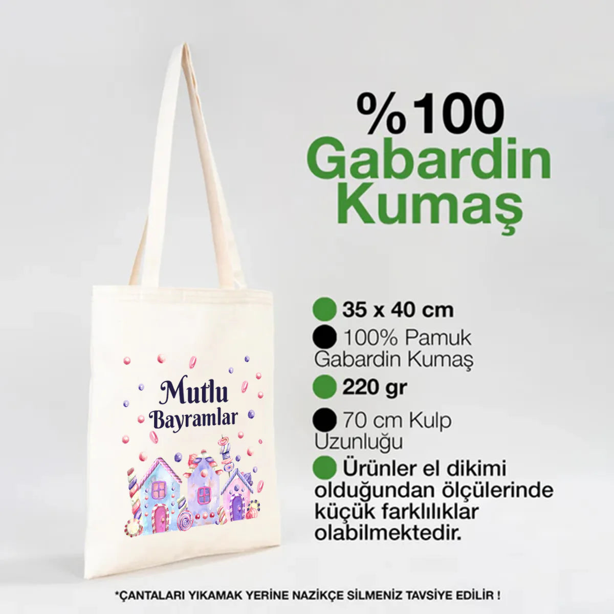 35x40 cm %100 pamuk 220 gr gabardin bayram temalı tote çanta, 70 cm kulplu, elde dikilmiş.