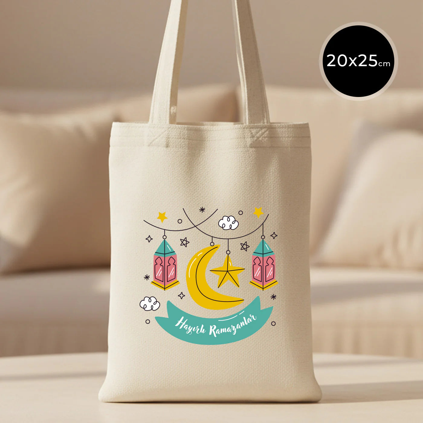 20x25 cm küçük ham bez kitap çantası, Ramazan temalı hilal, fener ve yıldız baskılı “Hayırlı Ramazanlar” yazılı bayram hediye çantası.