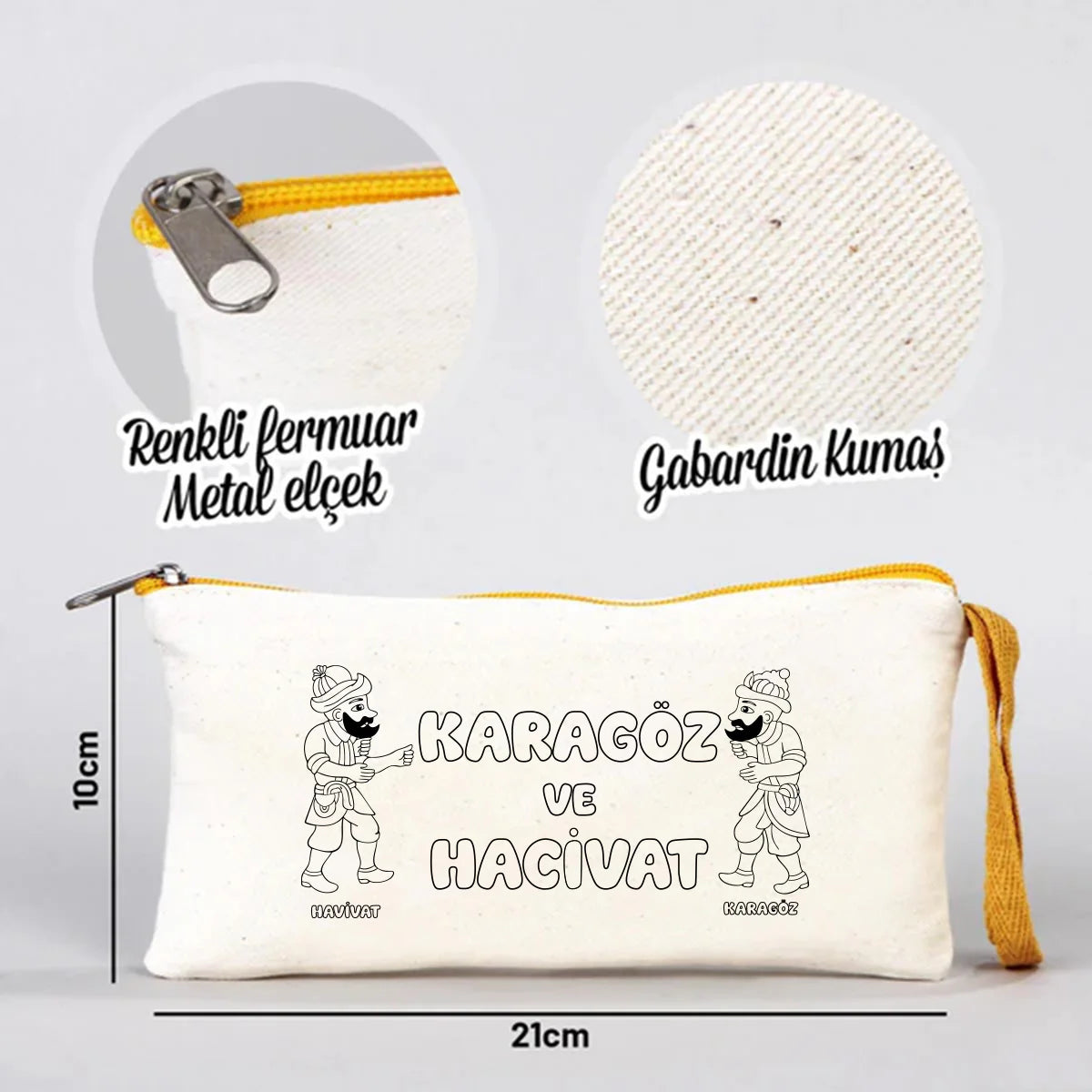 Boyanabilir 21x10 cm Sarı Renkli Fermuarlı Bez Kalemlik - Bayram Kesesi - detay görünüm