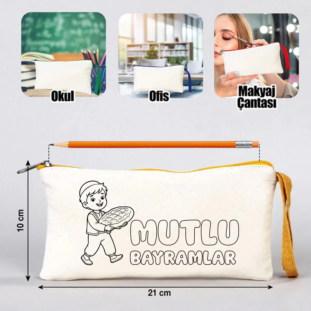 Boyanabilir 21x10 cm Sarı Renkli Fermuarlı Bez Kalemlik - Bayram Kesesi - farklı açı