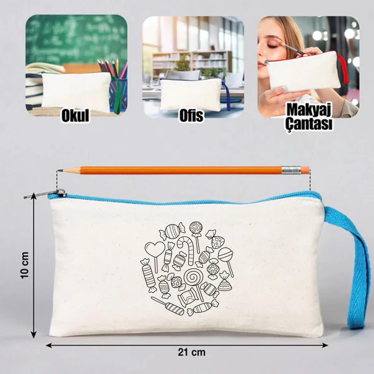 Boyanabilir 21x10 cm Turkuaz Bez Kalemlik - Bayram Cüzdanı - farklı açı