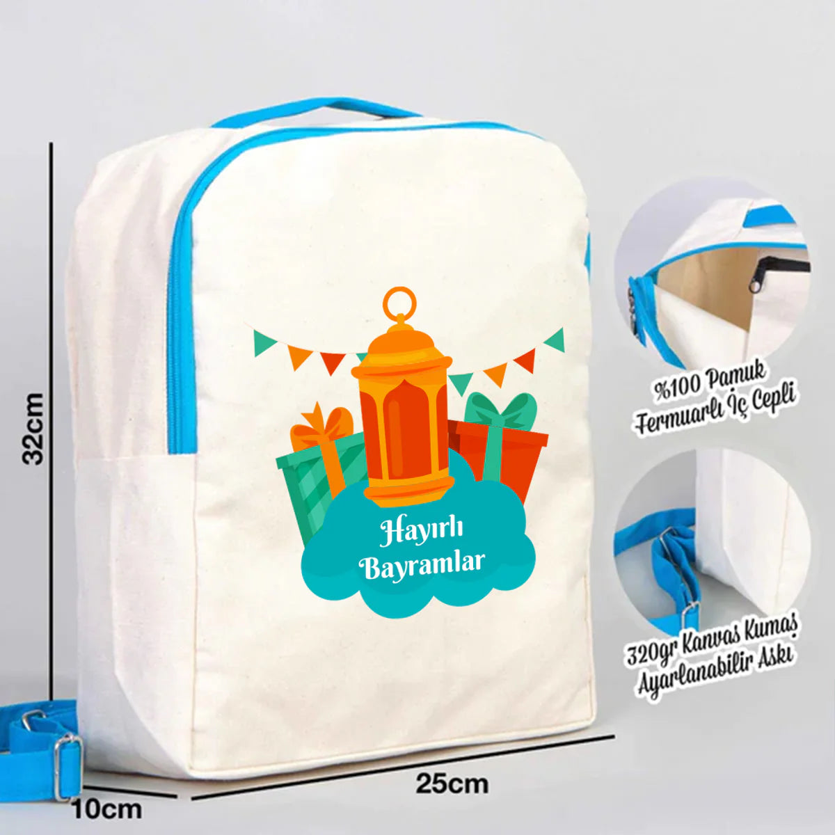 25x32x10 cm Turkuaz Renk VIP Kanvas Sırt Modeli - Bayram Çantası - detay görünüm