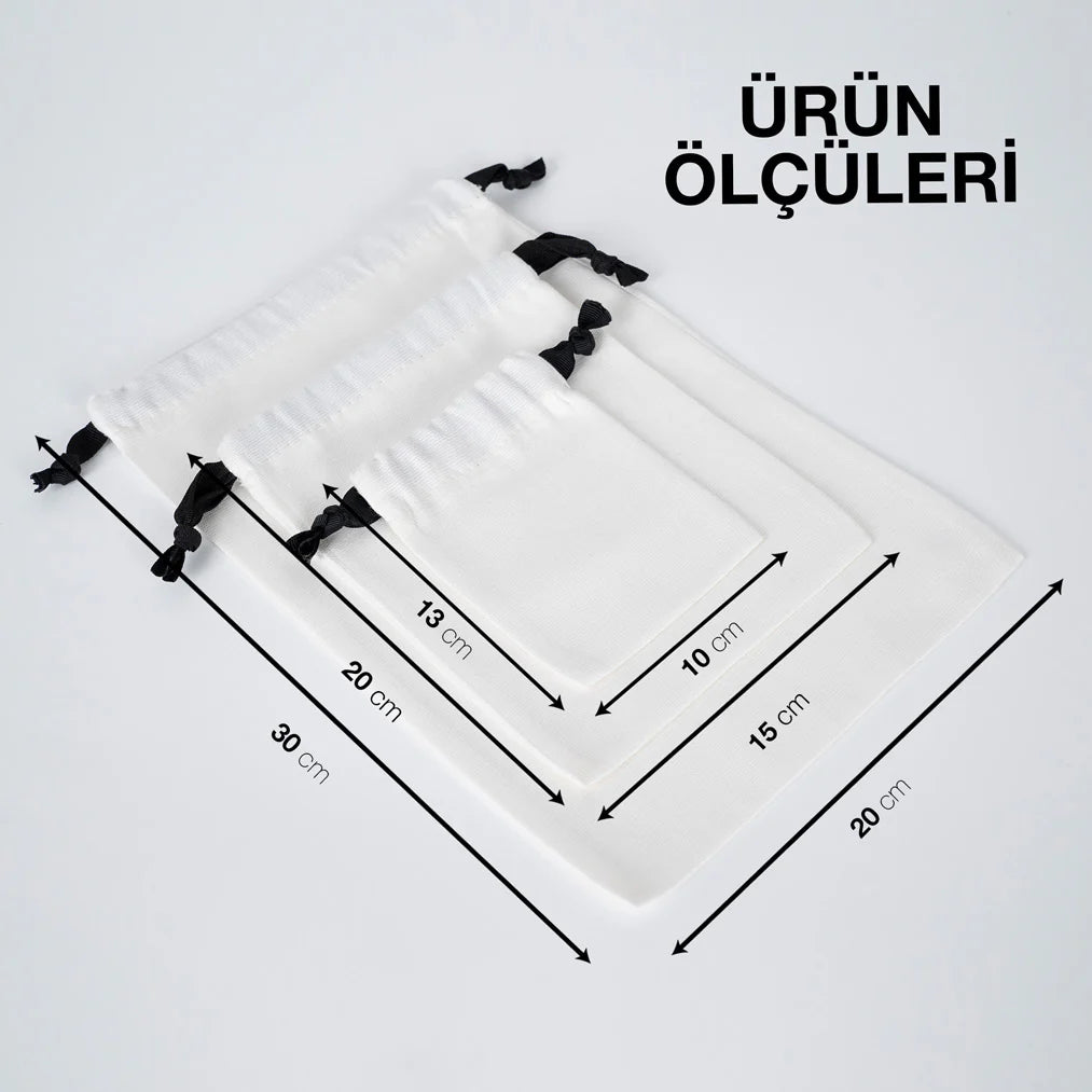 10x13 cm Beyaz Panama Siyah İpli Bez Kese - Kadınlar Günü Hediyesi