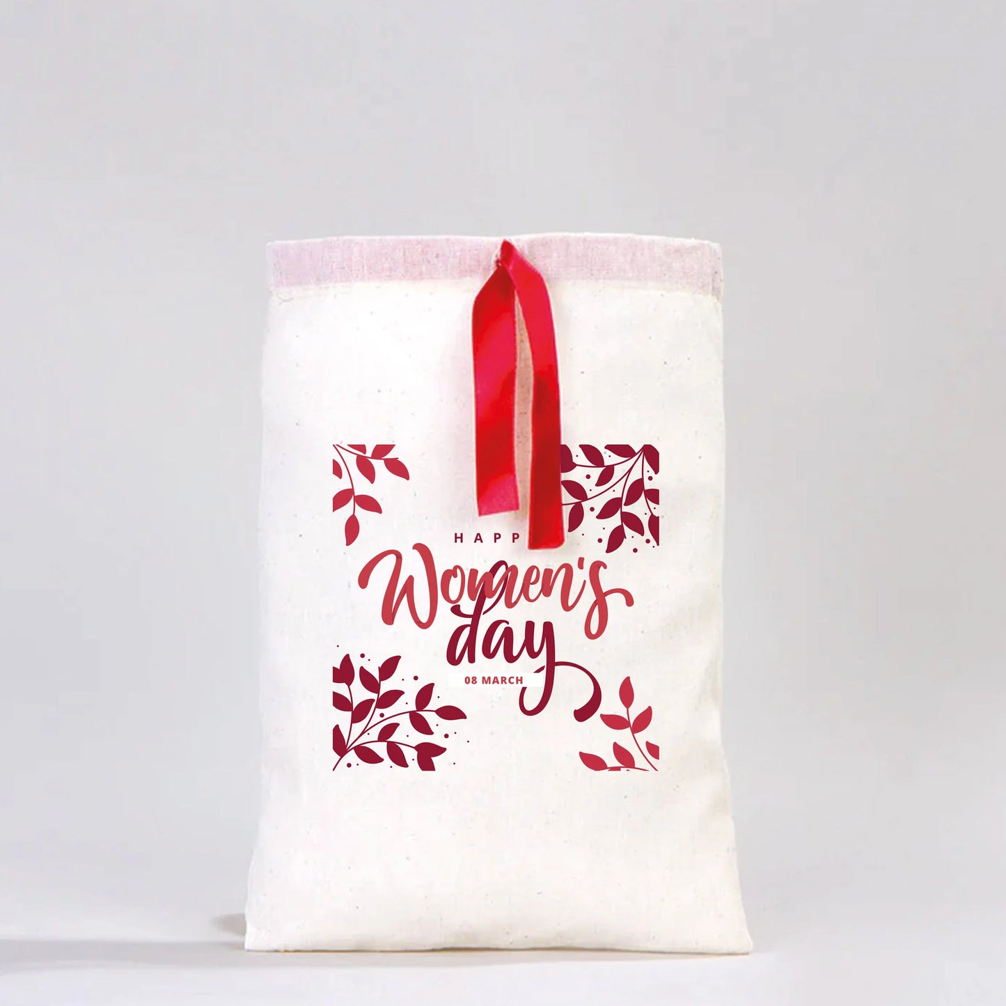 20x30 Kırmızı Kurdeleli Bez Kese – Kadınlar Günü Hediyesi