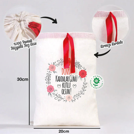 20x30 Kırmızı Kurdelalı Bez Kese – Kadınlar Günü Hediyesi