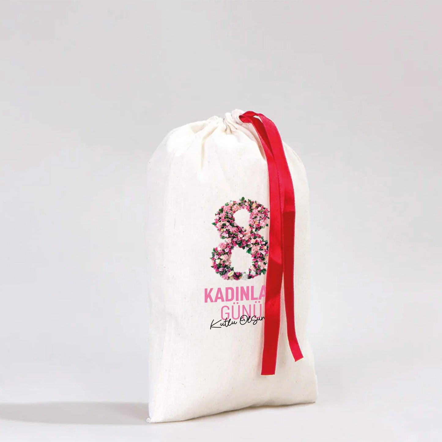 20x30 Kırmızı Kurdeleli Bez Kese – Kadınlar Günü Hediyesi