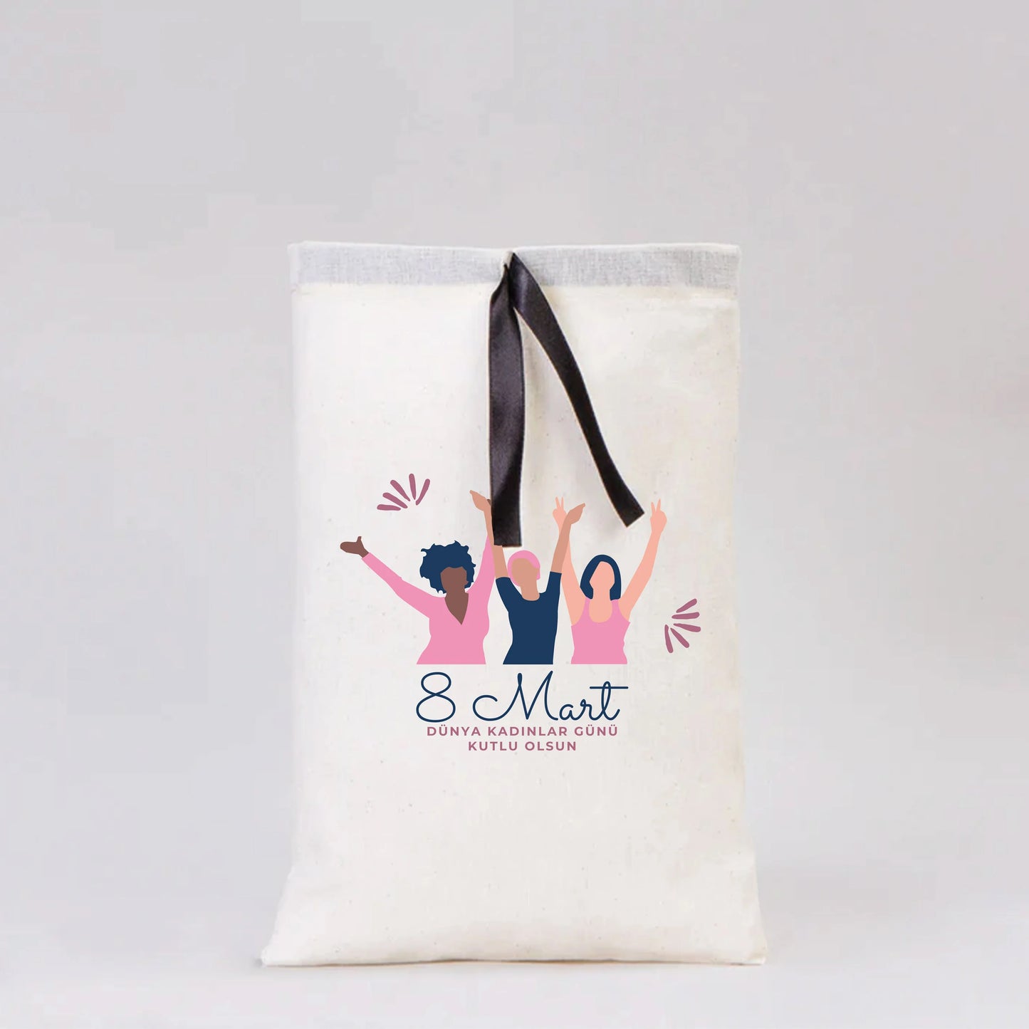 20x30 Siyah Kurdeleli Bez Kese – Kadınlar Günü Hediyesi