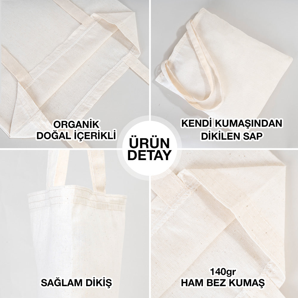 35×40 cm naturel kanvas çantanın ön yüzünde, ürün grubuna ait 9 farklı desen seçeneğinden biri bulunur.