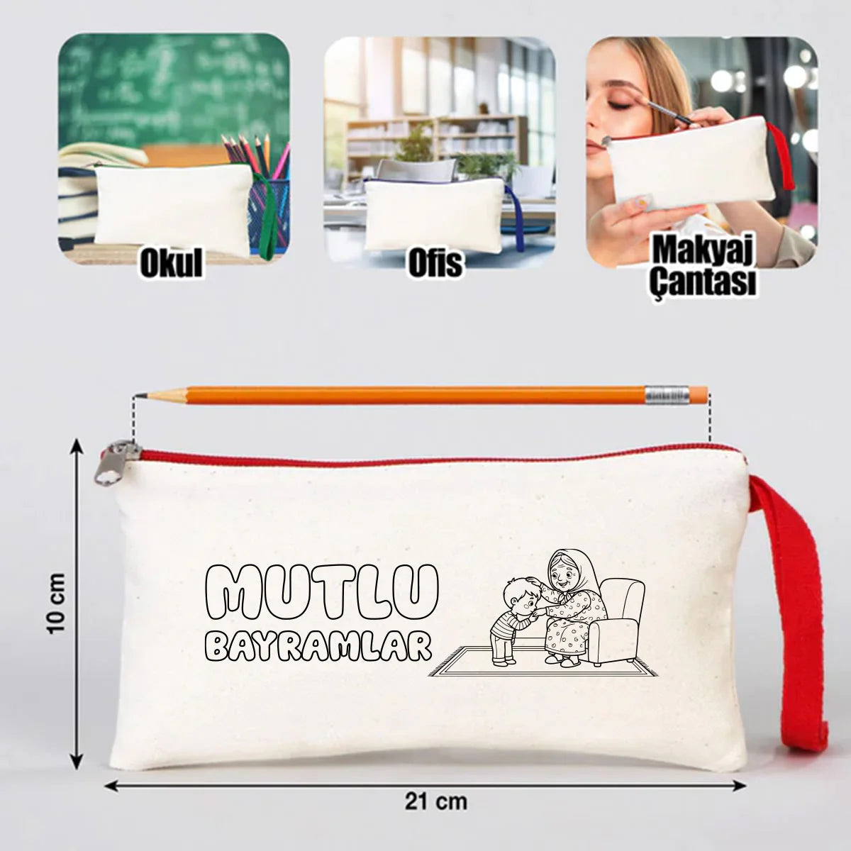 Boyanabilir 21x10 cm Kırmızı Fermuarlı Kalemlik Çanta - Bayram Çantası - farklı açı
