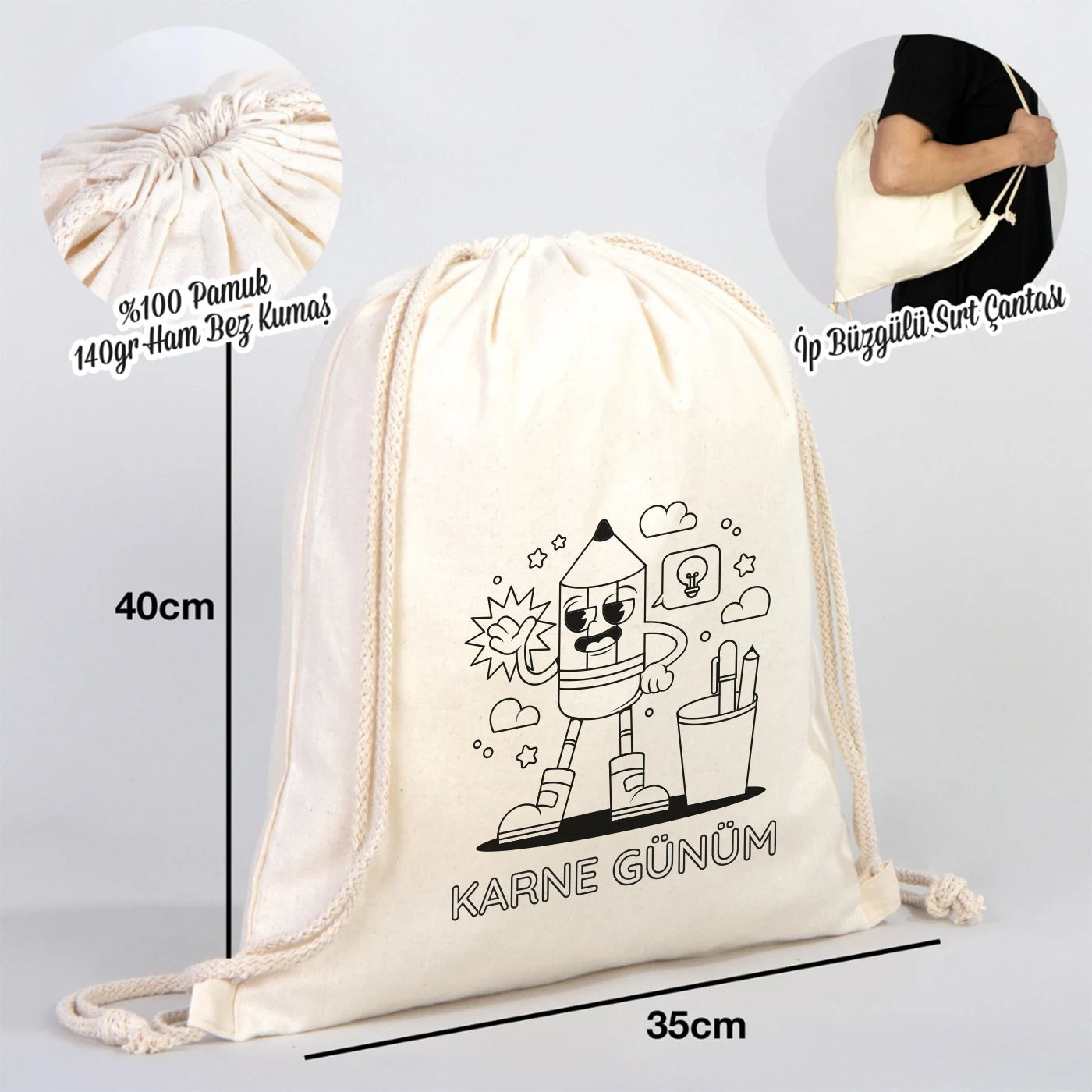 Ham sırenkte kumaştan yapılmış, 35×40 cm boyutlarında, ham renk iplikten oluşur. Ürünün ön yünüzde kişişiselleştirilebilir detayar mevcuttur.