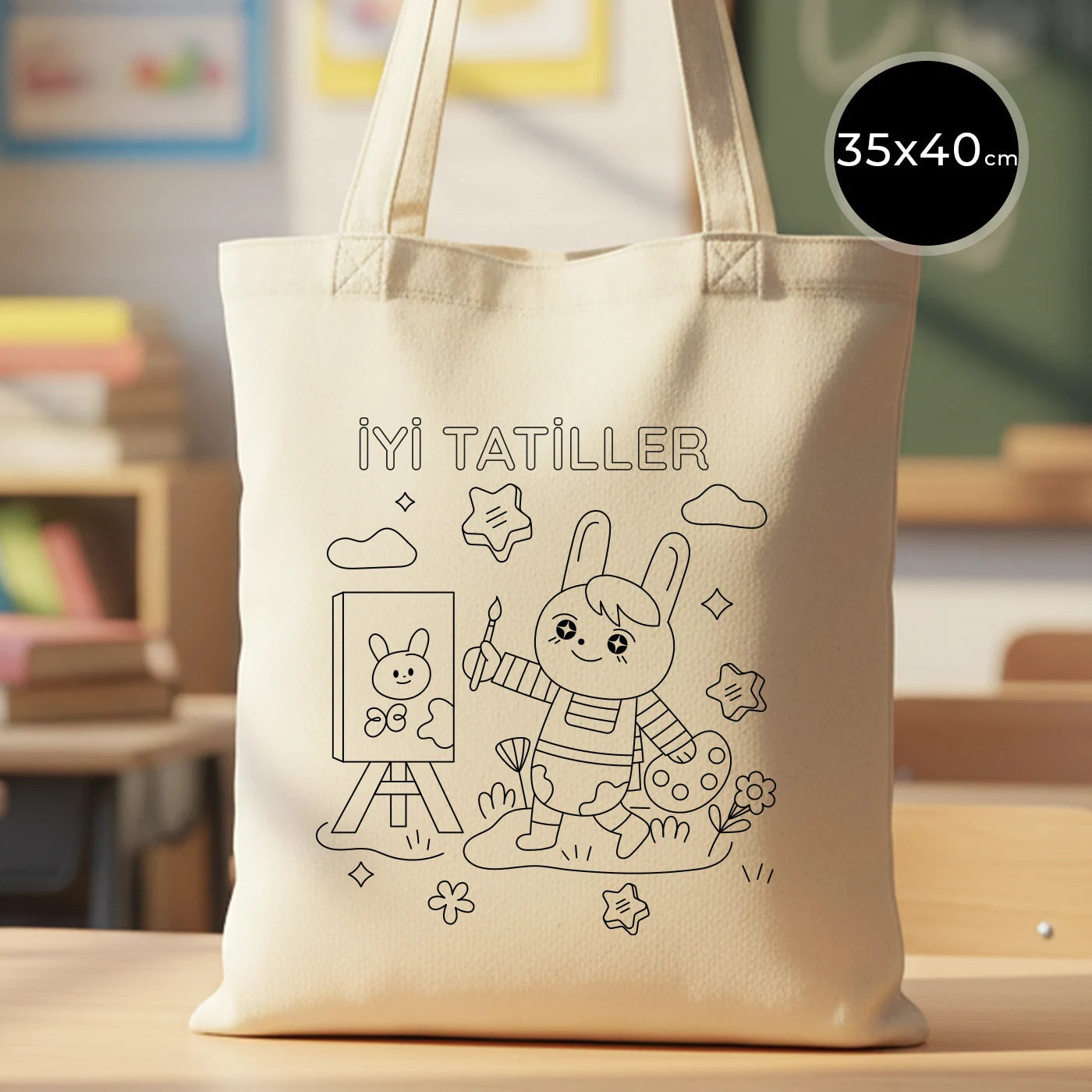 35×40 cm naturel kanvas çantanın ön yüzünde, ürün grubuna ait 9 farklı desen seçeneğinden biri bulunur.