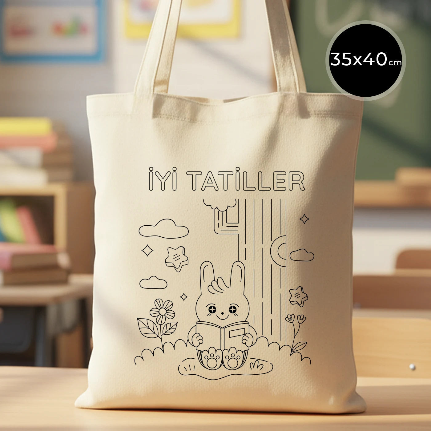 35×40 cm naturel kanvas çantanın ön yüzünde, ürün grubuna ait 9 farklı desen seçeneğinden biri bulunur.