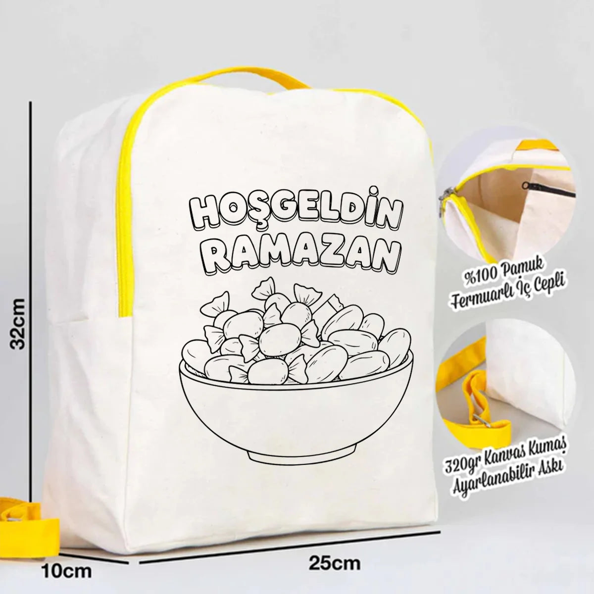 Boyanabilir 25x32x10 cm Sarı Renk VIP Kanvas Sırt Modeli - Bayram Çantası - detay görünüm