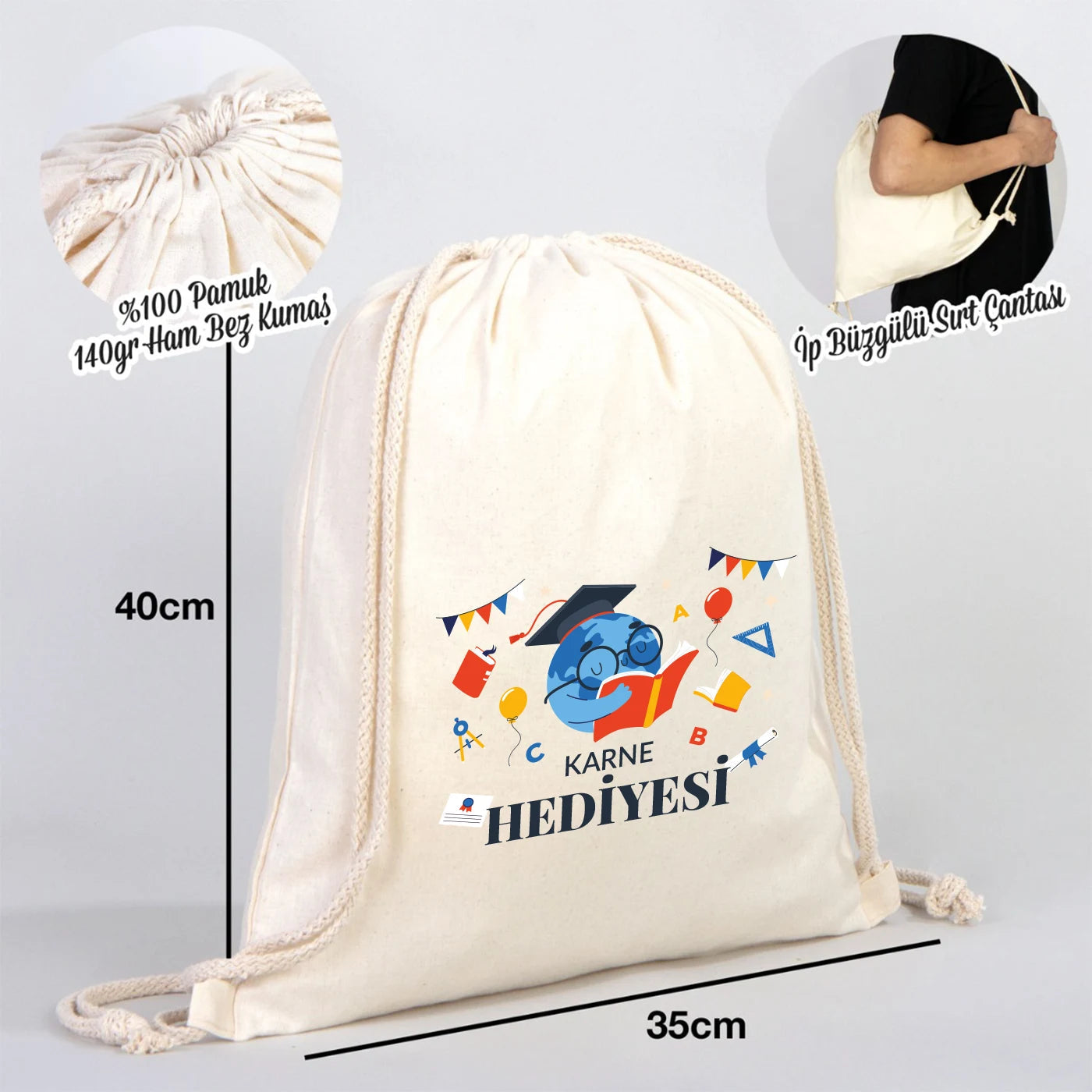 35×40 cm naturel kanvas sırt çantasının ön yüzünde, ürün grubuna ait 18 farklı desen seçeneğinden biri bulunur.