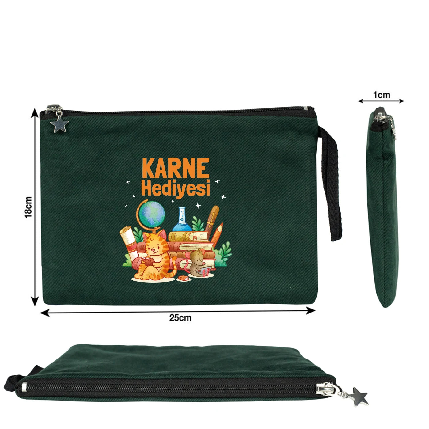 Cam yeşili karne günü temalı kanvas clutch çanta, okul figürlü ve özelleştirilebilir karne hediyesi tasarımı