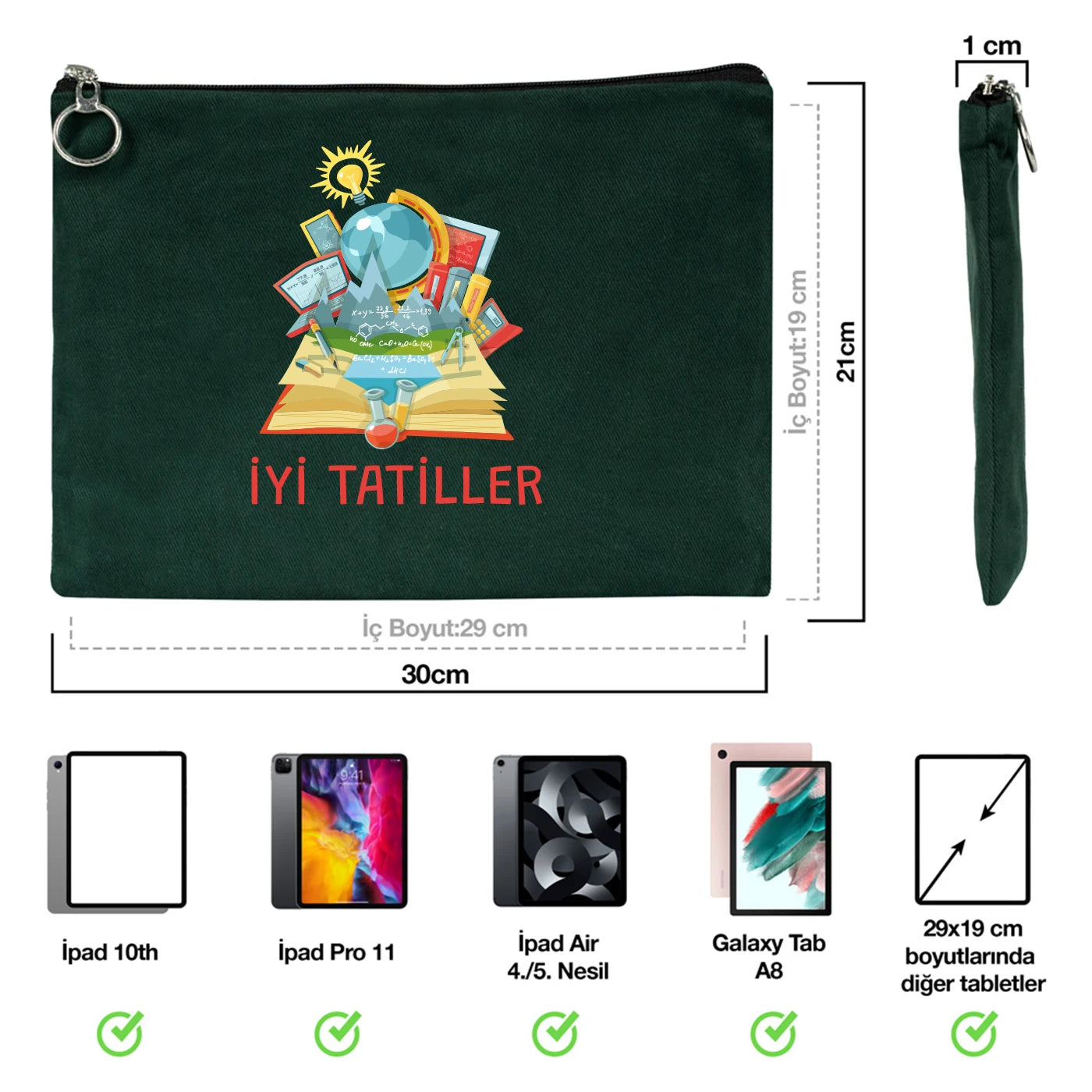 Cam yeşili karne günü temalı portföy çanta 30×21 cm, okul figürlü ve özelleştirilebilir karne hediyesi tasarımı