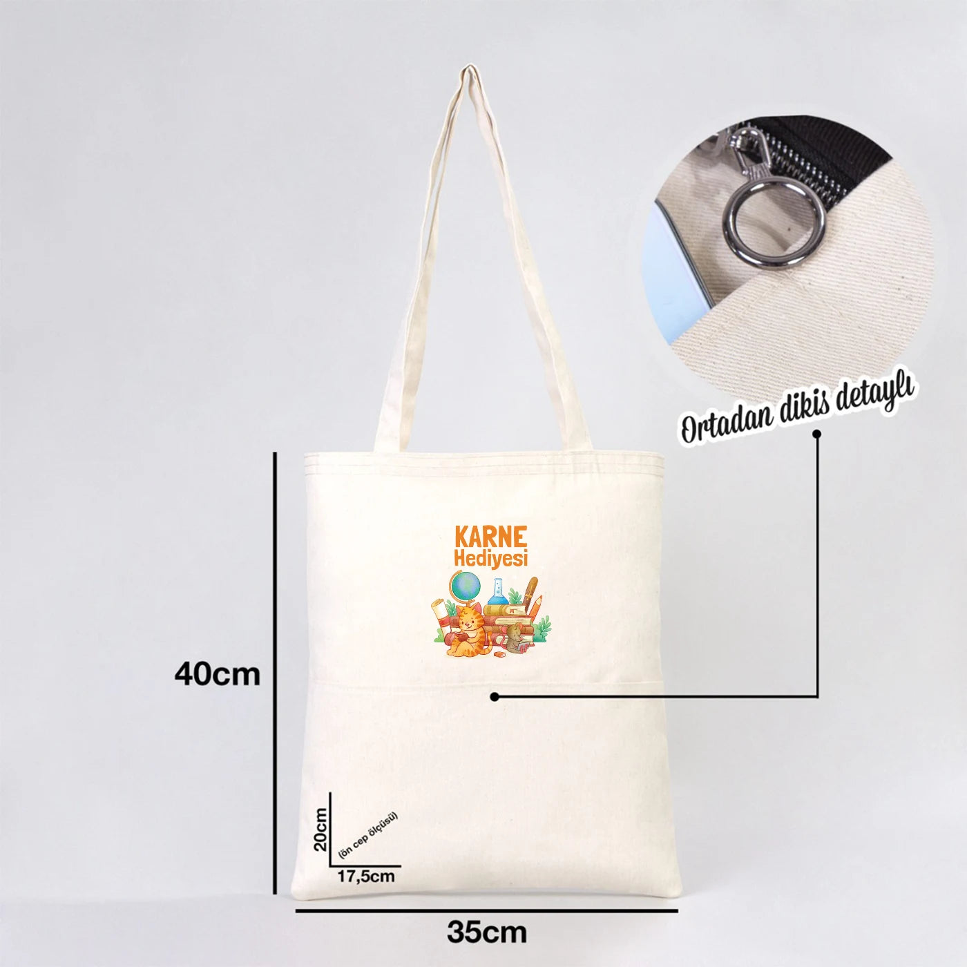 35×40 cm naturel kanvas çantanın ön yüzünde, ürün grubuna ait 18 farklı desen seçeneğinden biri bulunur.