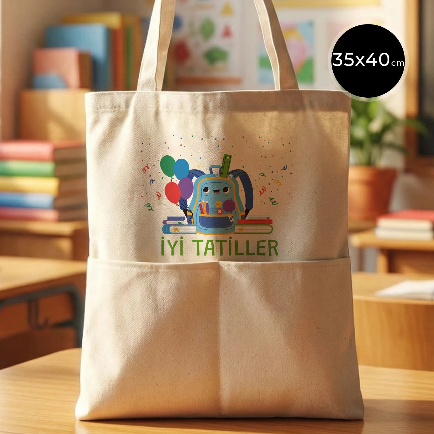 35×40 cm naturel kanvas çantanın ön yüzünde, ürün grubuna ait 18 farklı desen seçeneğinden biri bulunur.