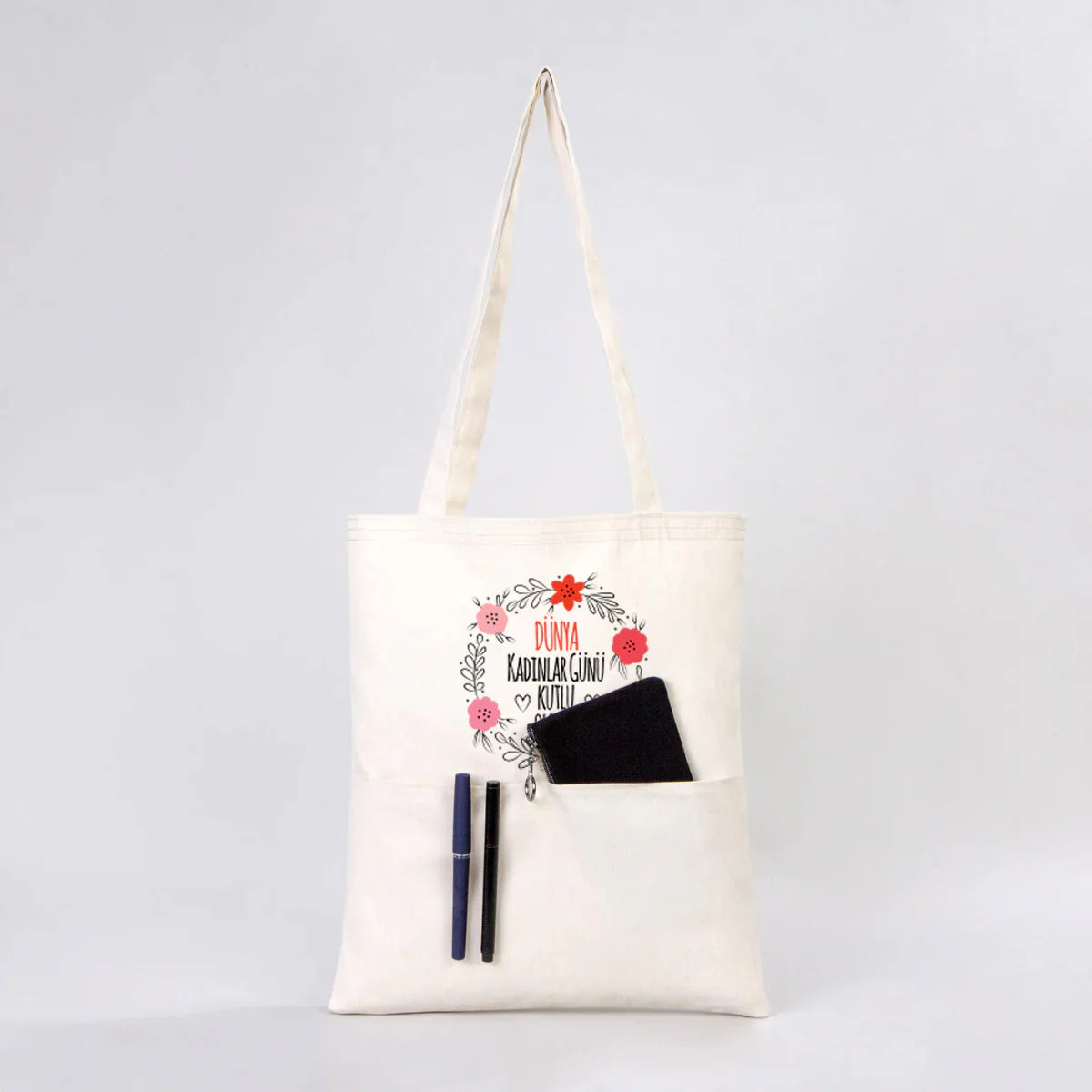 35x40 cm Gabardin Çift Cepli Bez Çanta - Kadınlar Günü - yakın çekim
