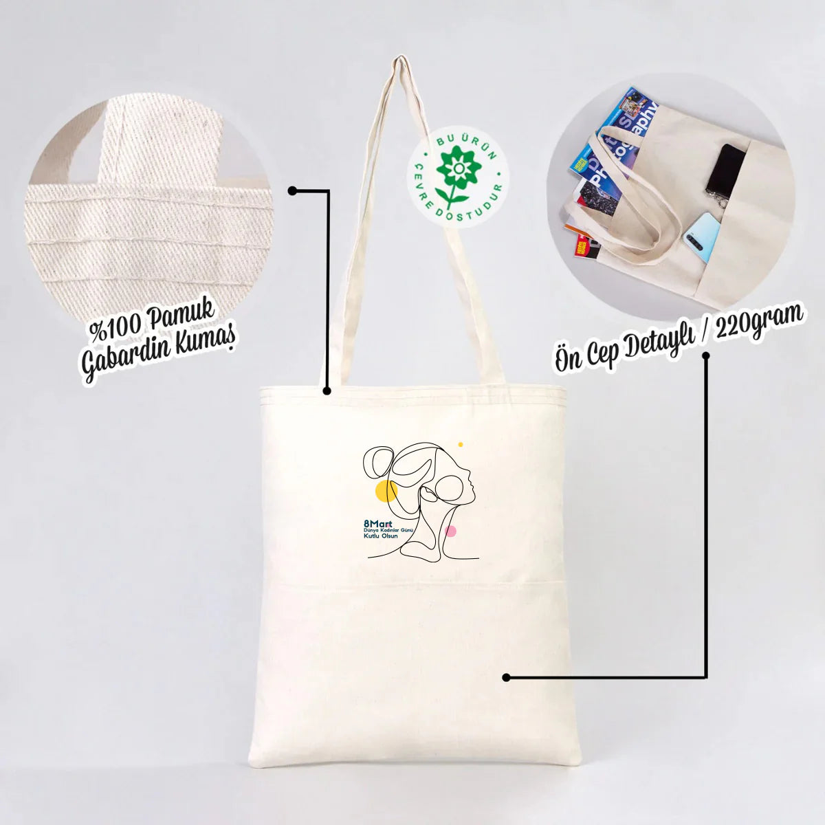 35x40 cm Gabardin Çift Cepli Bez Çanta - Kadınlar Günü - detay görünüm