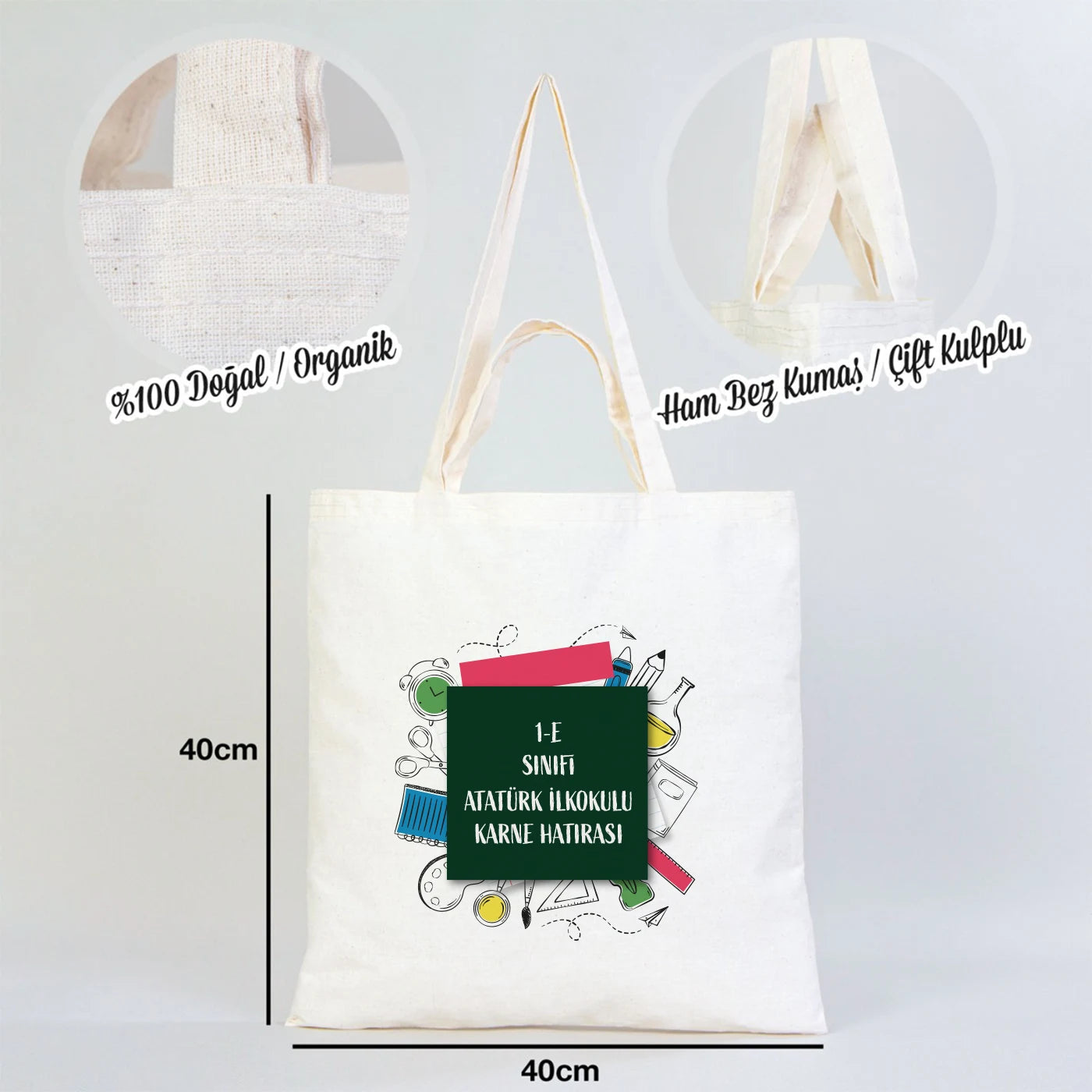 40×40 cm naturel kanvas çantanın ön yüzünde, ürün grubuna ait 18 farklı desen seçeneğinden biri bulunur.