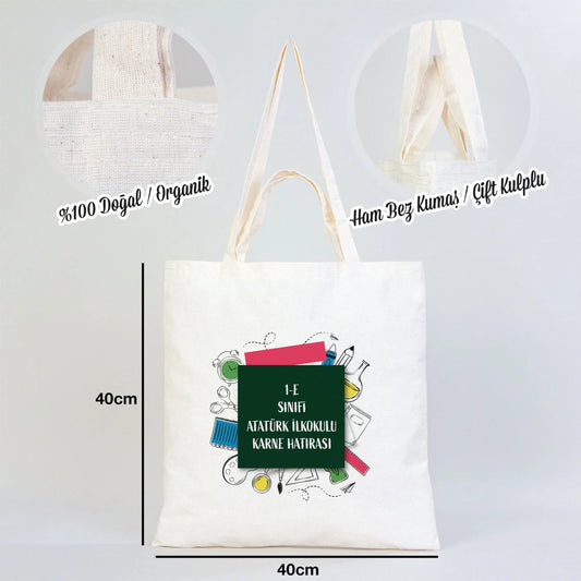 40×40 cm naturel kanvas çantanın ön yüzünde, ürün grubuna ait 18 farklı desen seçeneğinden biri bulunur.