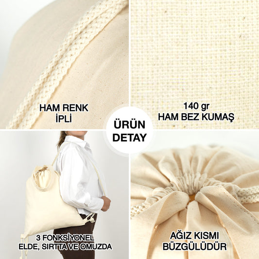 Çok Yönlü İp Büzgülü Bez Çanta, 35x40cm - Elde, Omuzda ve Sırtta (Özelleştirilebilir) - istecanta.com