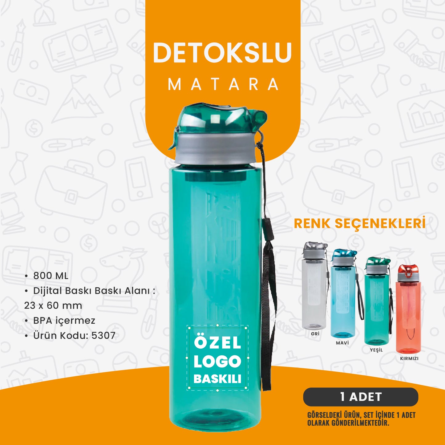“Detokslu matara; 800 ml BPA’sız plastik gövdeli, özel logo baskısı uygulanabilen ve farklı renk seçenekleriyle sunulan kurumsal hediye şişesi.”