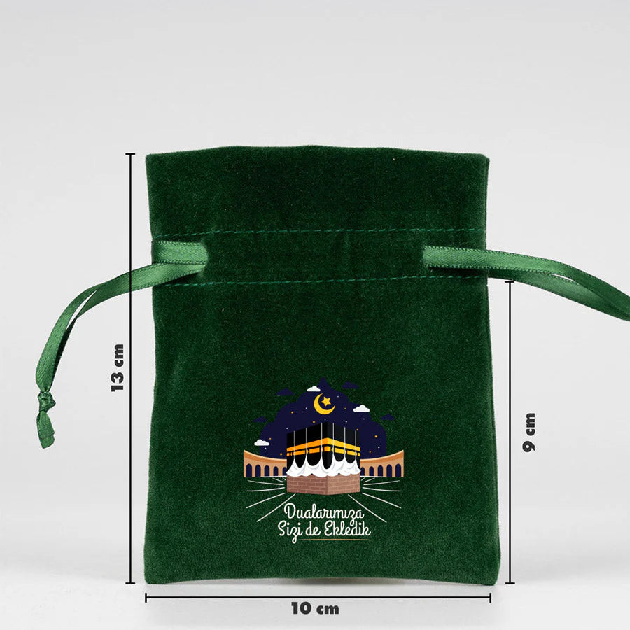 10x13 cm Dualarımıza Sizi de Ekledik | Hac ve Umre Hediyelik Kadife Gül Kese ... - yakın çekim