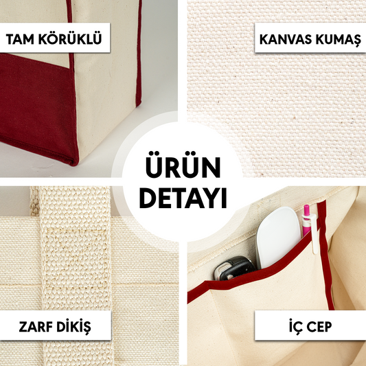 Renkli Elite Kanvas Bez Çanta – Plaj ve Market İçin Büyük Boy, 390gr Bez Kumaş, 45x35x19 cm - Bordo