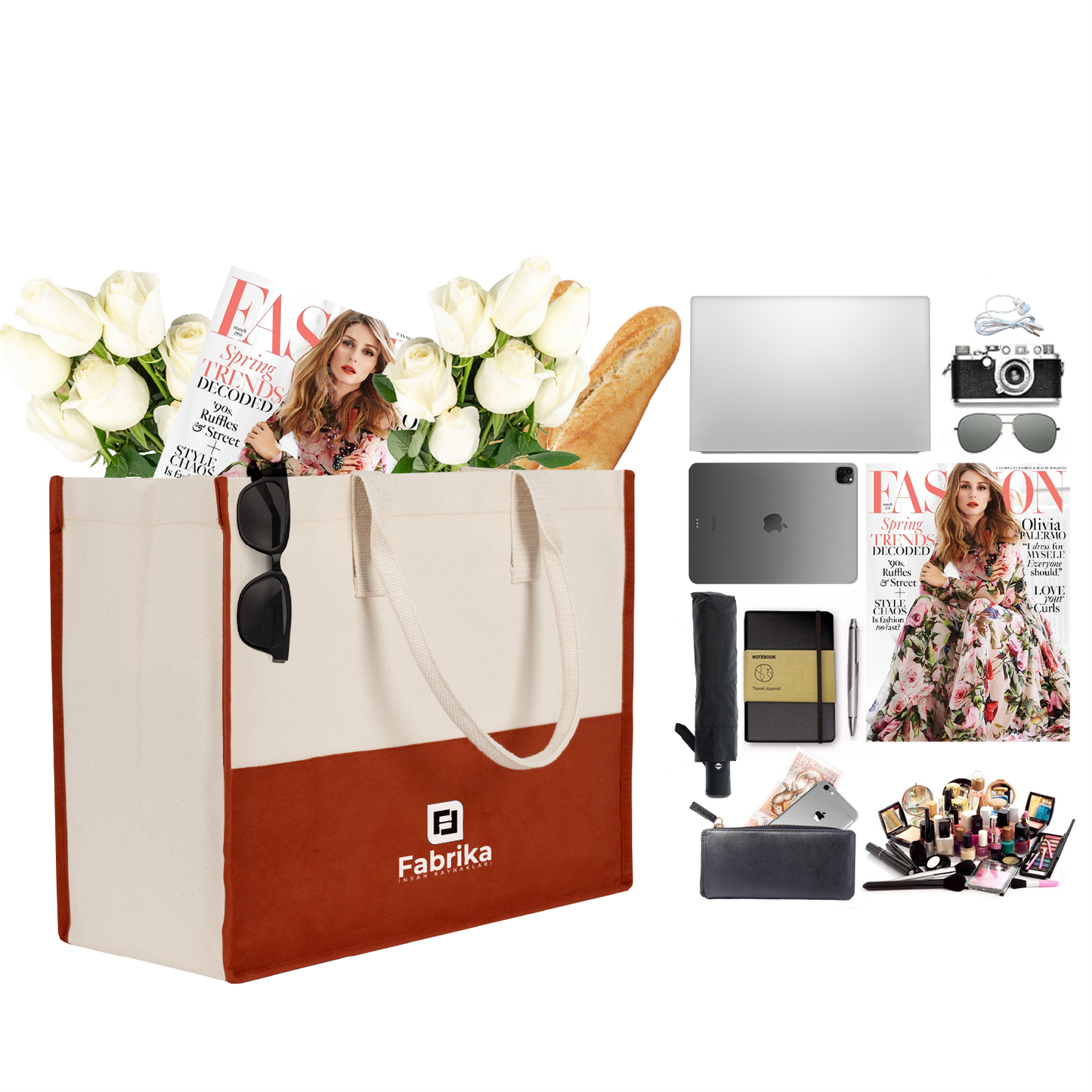 Elite Kanvas Alışveriş ve Plaj Çantası – 390gr Dayanıklı Kumaş, 45x35x19 cm, Büyük Bez Çanta, Kiremit (Özelleştirilebilir)