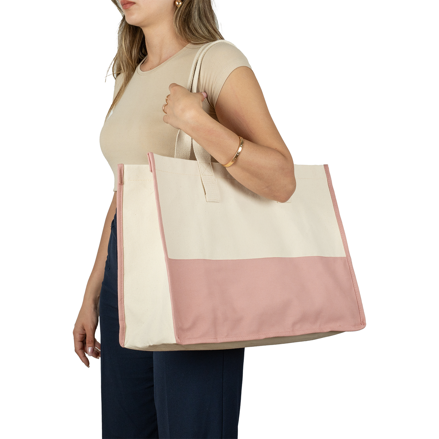Elite Kanvas Plaj Çantası – Büyük Kapasiteli Alışveriş Çantası, 390gr, 45x35x19 cm - Pudra