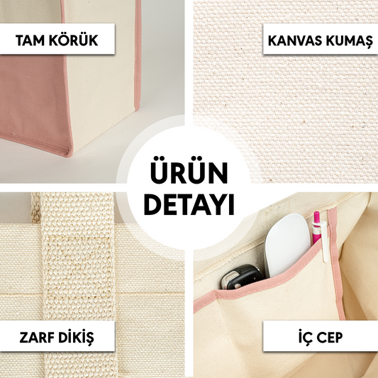 Elite Kanvas Plaj Çantası – Büyük Kapasiteli Alışveriş Çantası, 390gr, 45x35x19 cm - Pudra