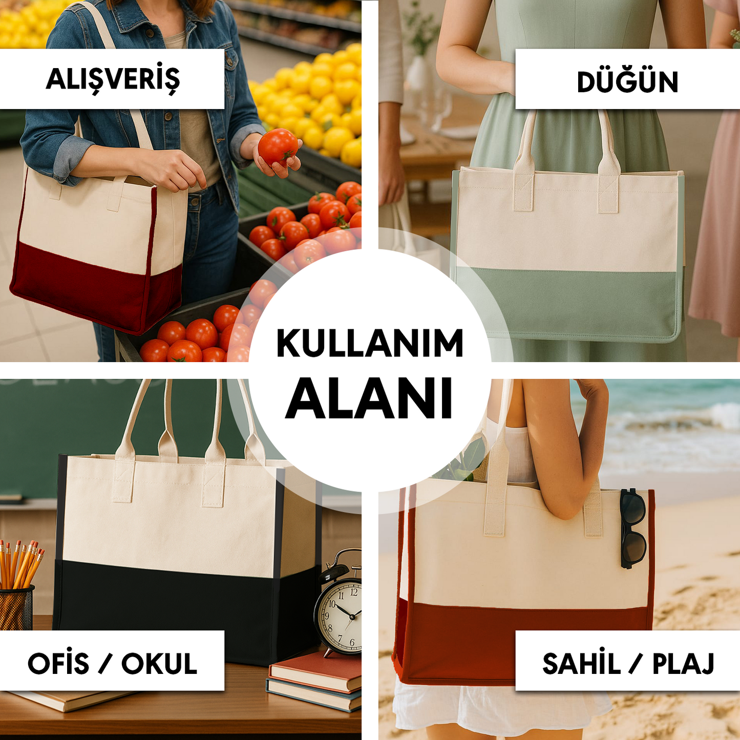 Elite Kanvas Plaj Çantası – Büyük Kapasiteli Alışveriş Çantası, 390gr, 45x35x19 cm, Pudra (Özelleştirilebilir)
