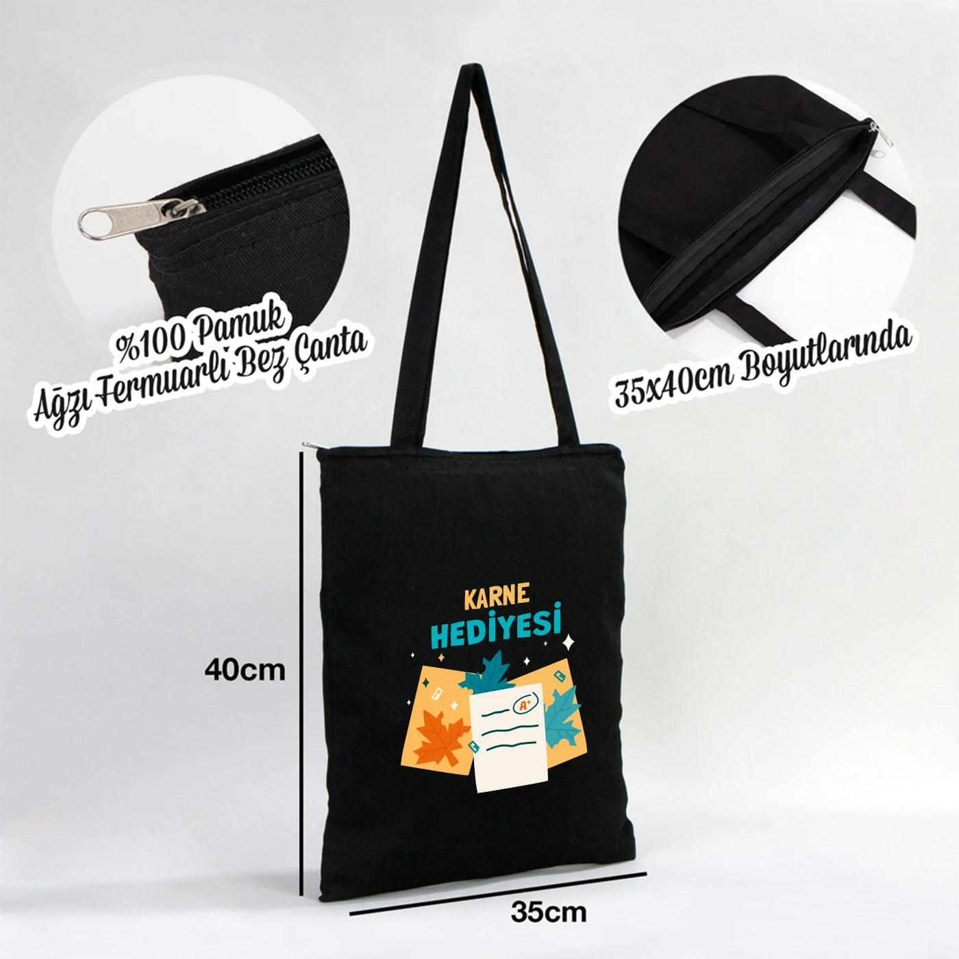 Siyah kumaştan, fermuarlı ve uzun saplı tote çanta. Üzerinde renkli özelleştirilebilir baskı bulunan 35×40 cm omuz çantası.