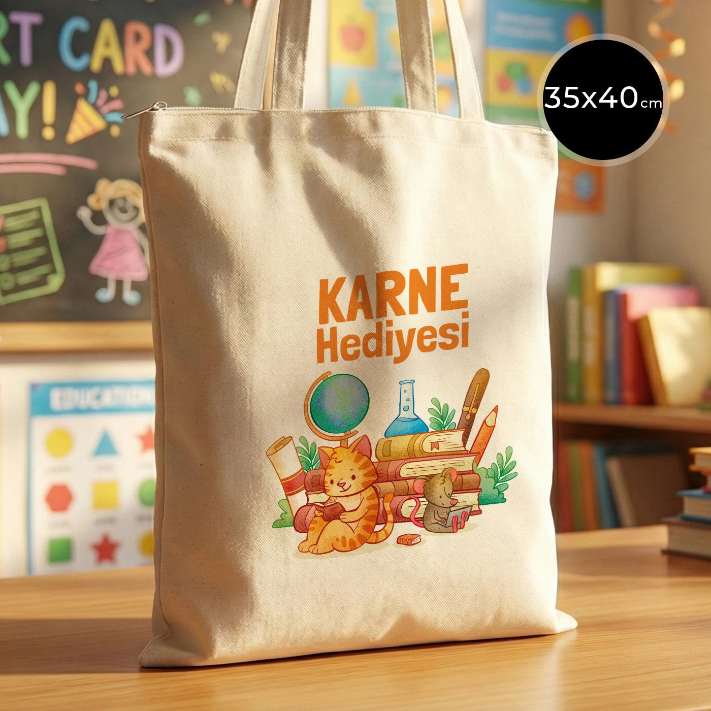 karne hediyesi baskılı ham bez çanta, çocuklara özel okul temalı tasarım, 35x40 cm