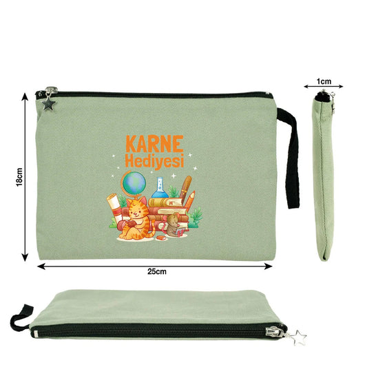 Mint yeşili karne günü temalı clutch çanta, okul figürlü ve özelleştirilebilir karne hediyesi tasarımı