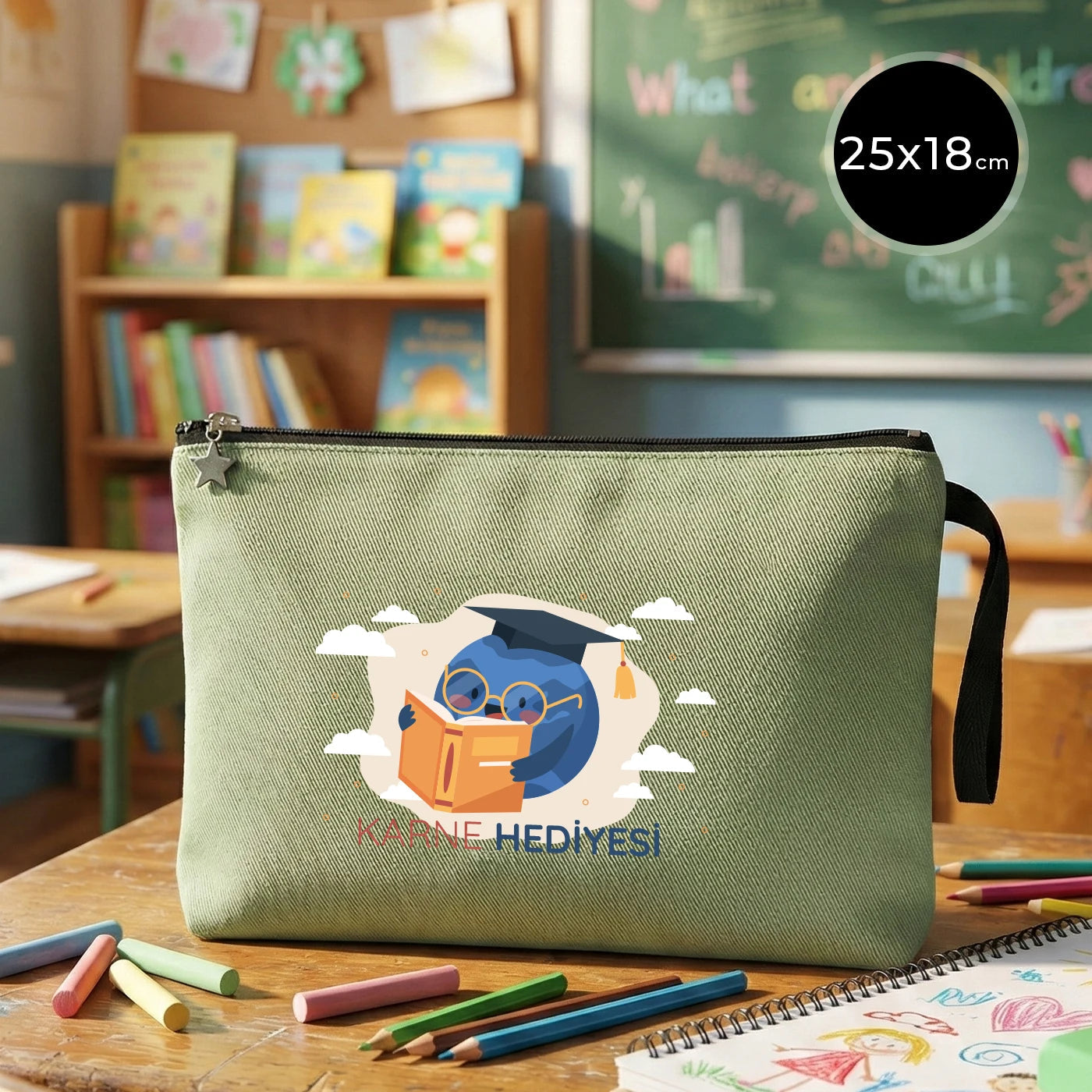 Mint yeşili karne günü temalı clutch çanta, okul figürlü ve özelleştirilebilir karne hediyesi tasarımı