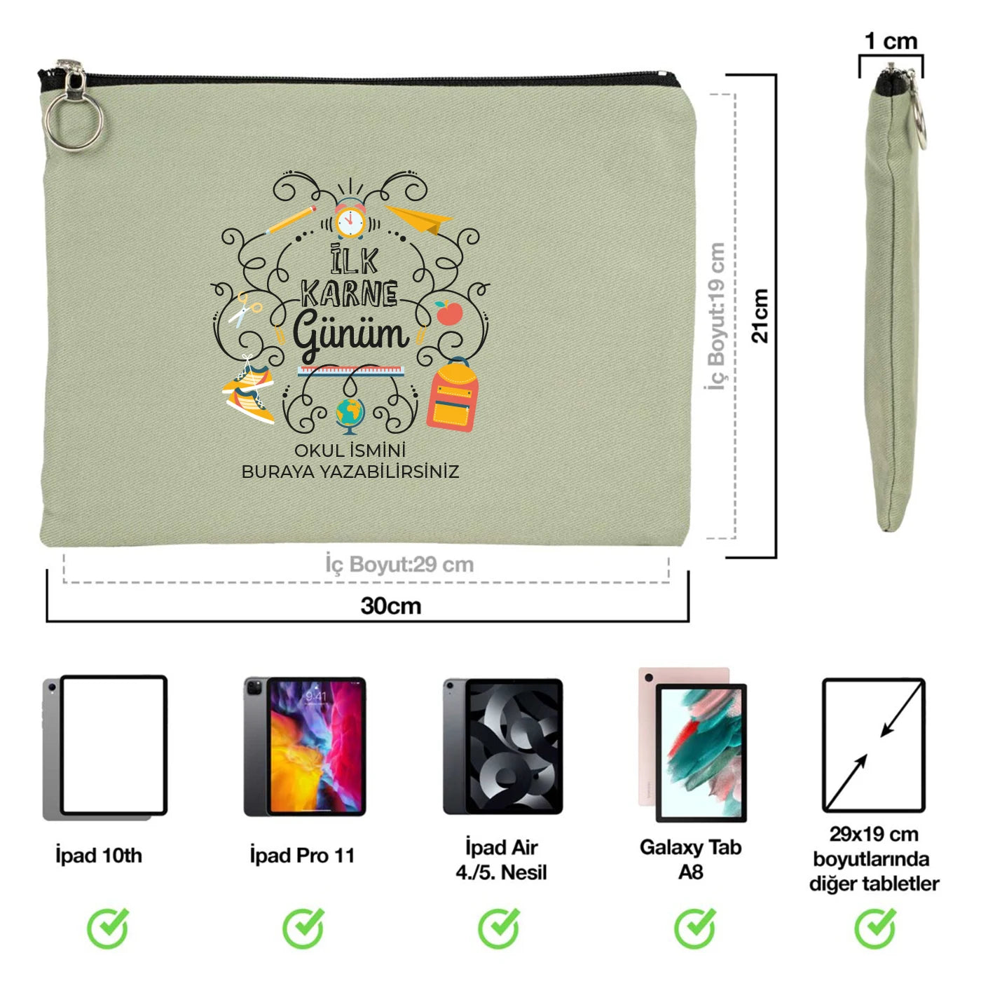 Mint yeşili karne günü temalı özelleştirilebilir portföy çanta desenleri, renkli okul figürlü karne hediyesi tasarımı