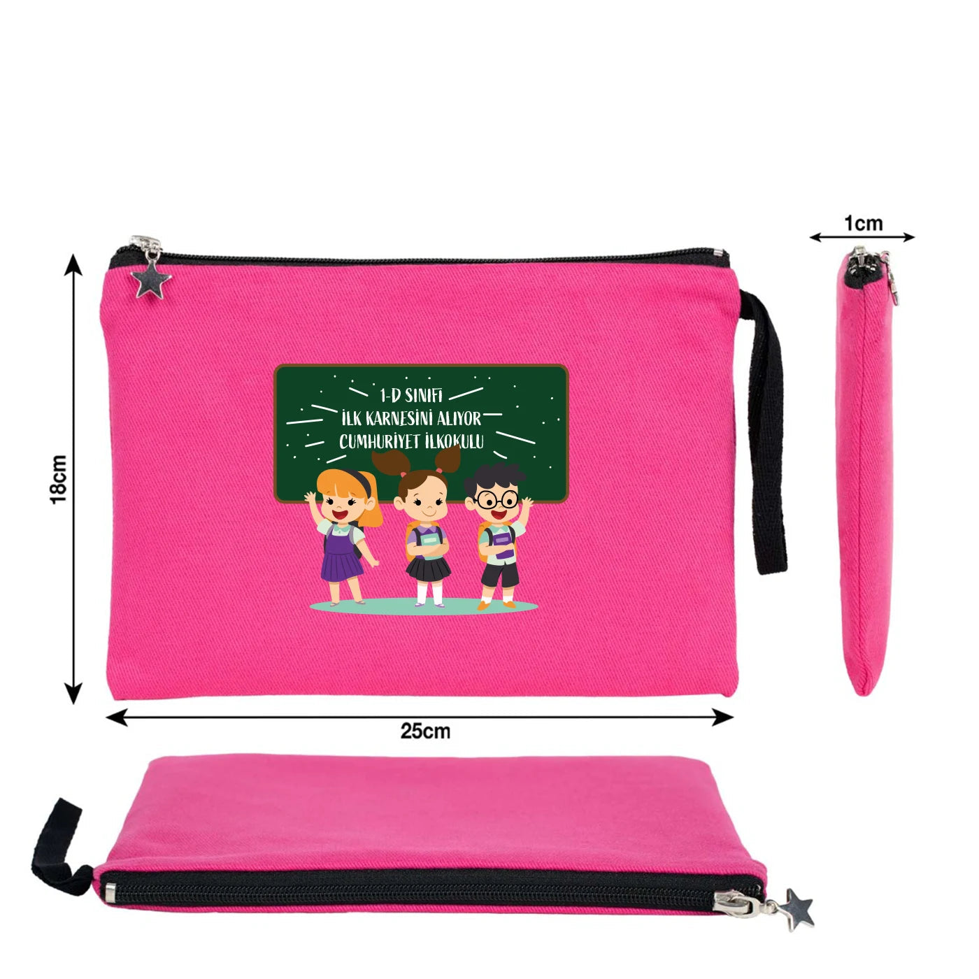 Fuşya karne günü temalı astarlı clutch çanta, okul figürlü ve özelleştirilebilir karne hediyesi tasarımı