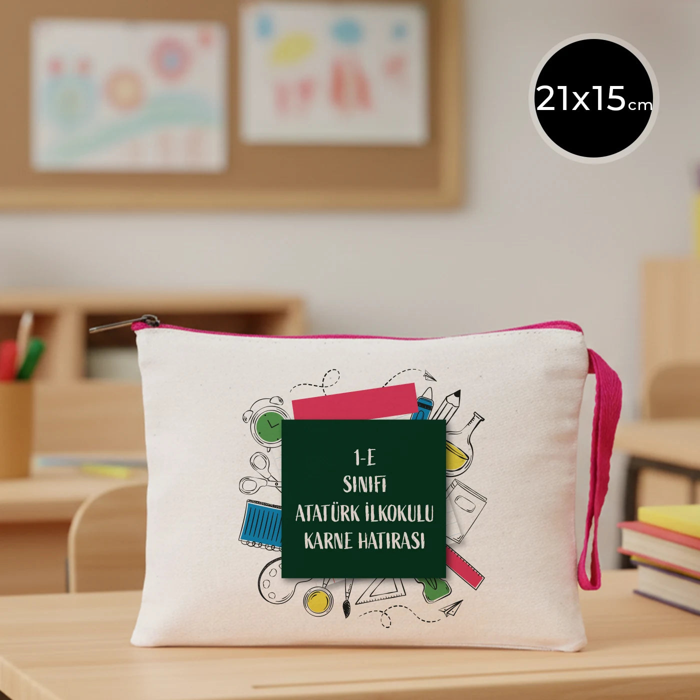 Karne Günü Desenli Clutch – Fuşya Fermuarlı 21×15 cm (Özelleştirilebilir)