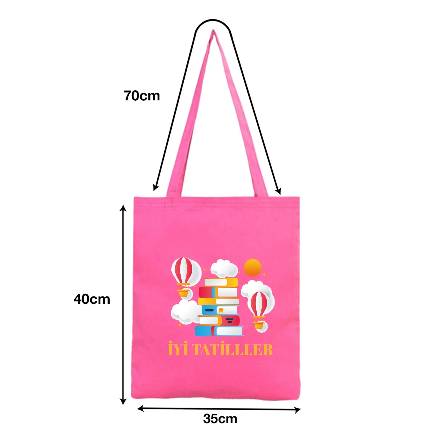 35×40 cm pembe tote çanta; pembe fermuarlı; ön yüzünde 18 farklı tasarım seçeneği bulunur.