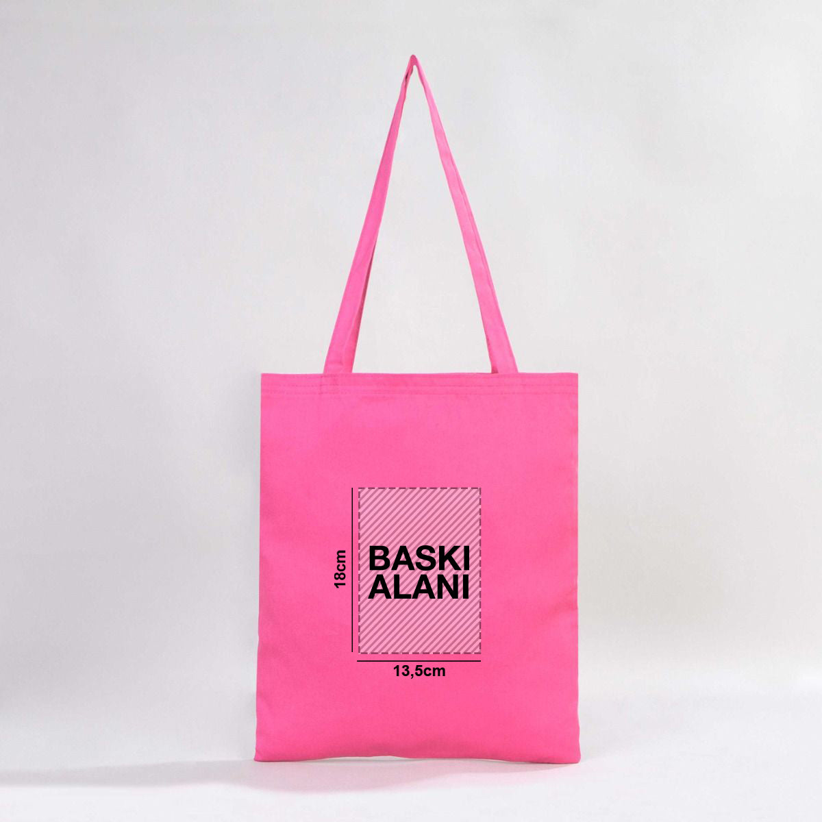 35×40 cm pembe tote çanta; pembe fermuarlı; ön yüzünde 18 farklı tasarım seçeneği bulunur.