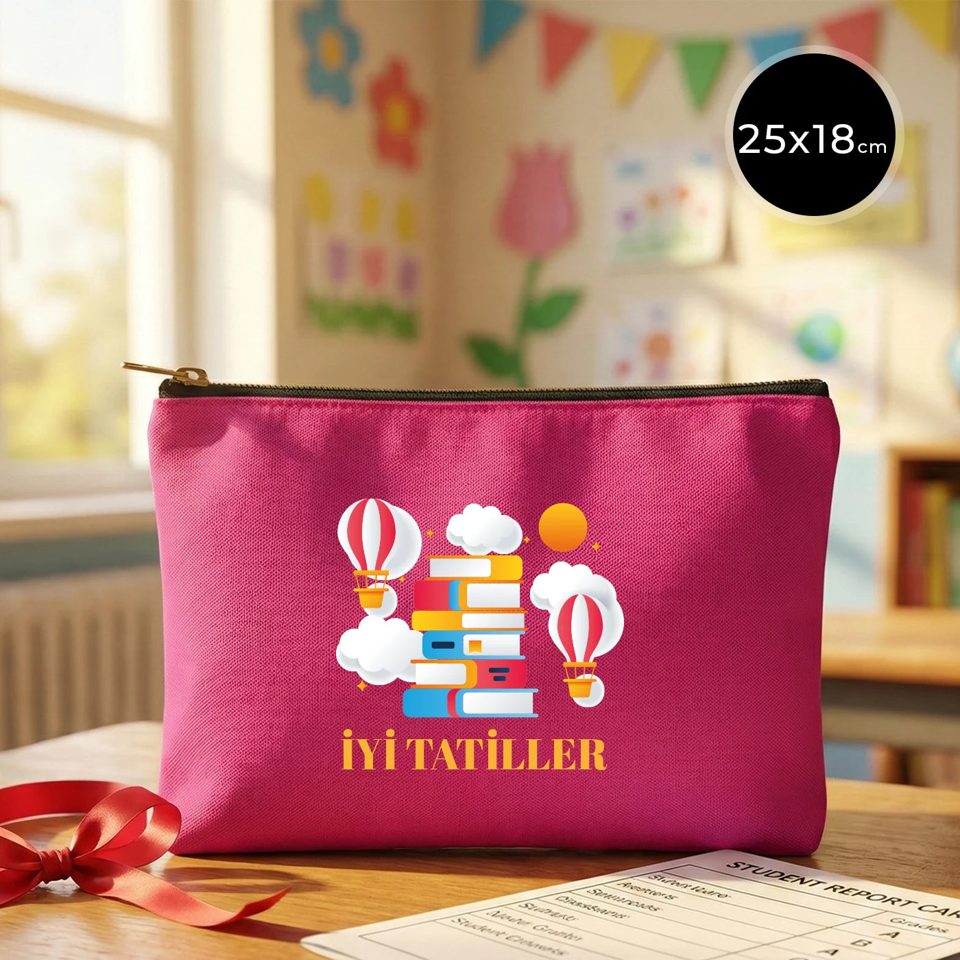 Fuşya karne günü temalı astarlı clutch çanta, okul figürlü ve özelleştirilebilir karne hediyesi tasarımı