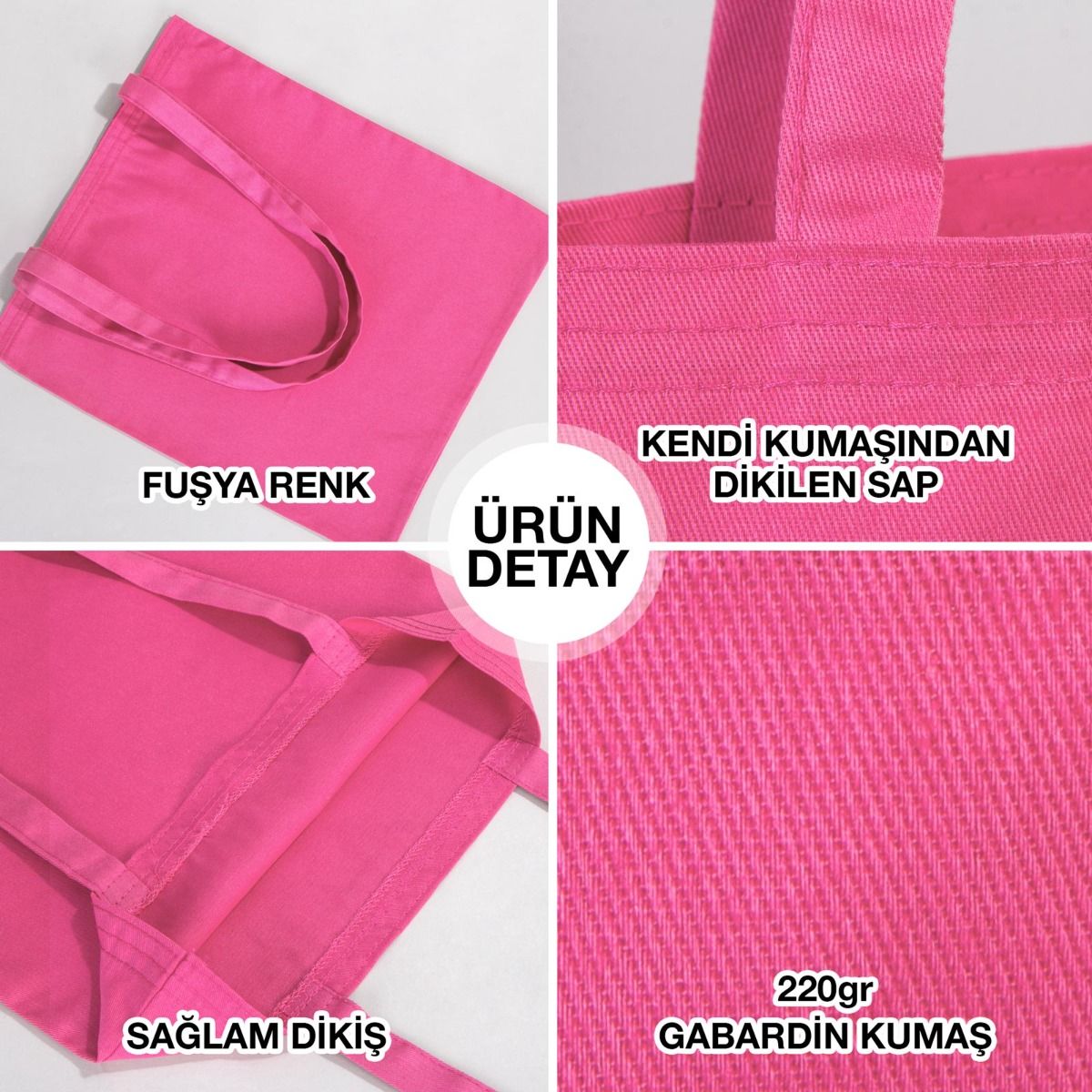 35×40 cm pembe tote çanta; pembe fermuarlı; ön yüzünde 18 farklı tasarım seçeneği bulunur.