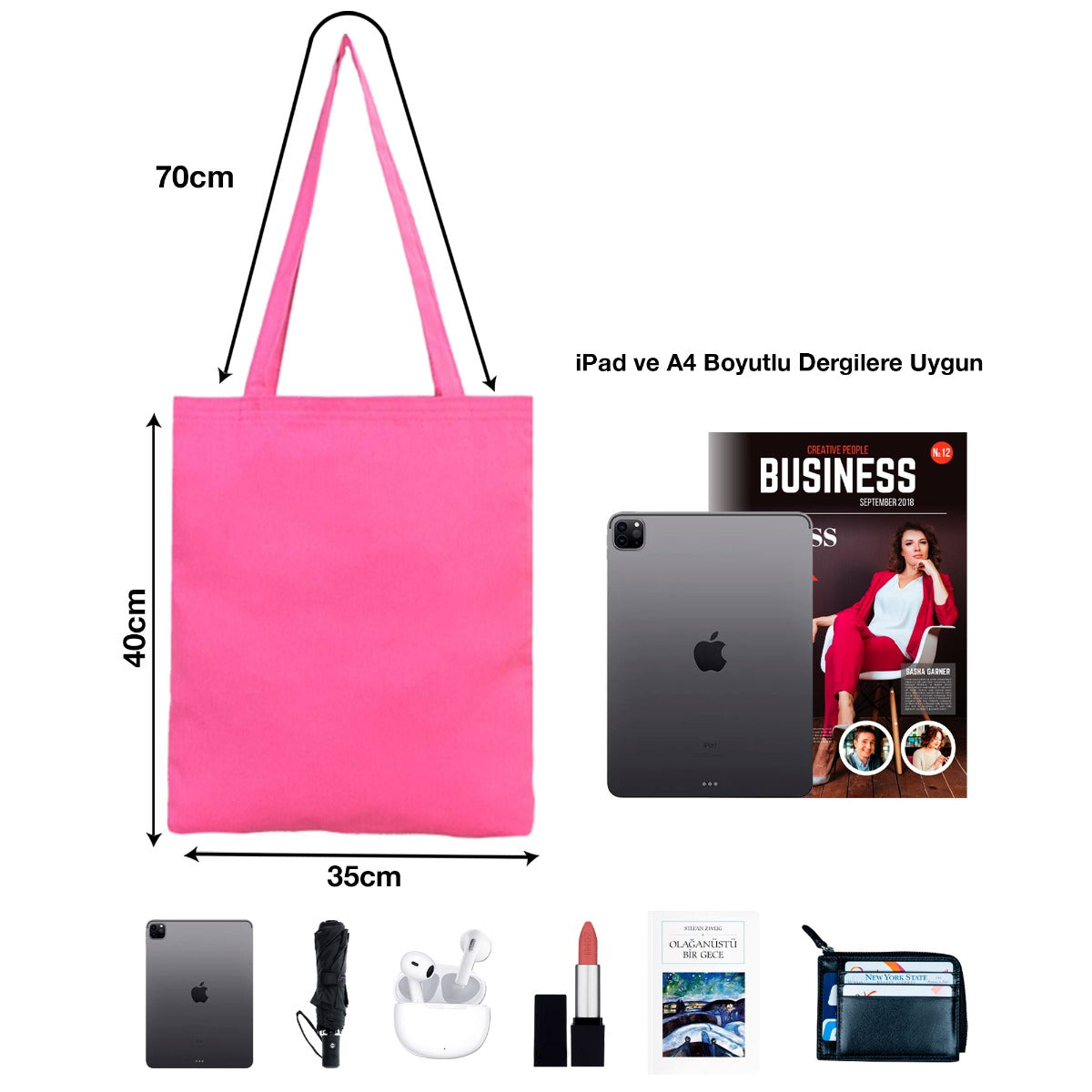 35×40 cm pembe tote çanta; pembe fermuarlı; ön yüzünde 18 farklı tasarım seçeneği bulunur.