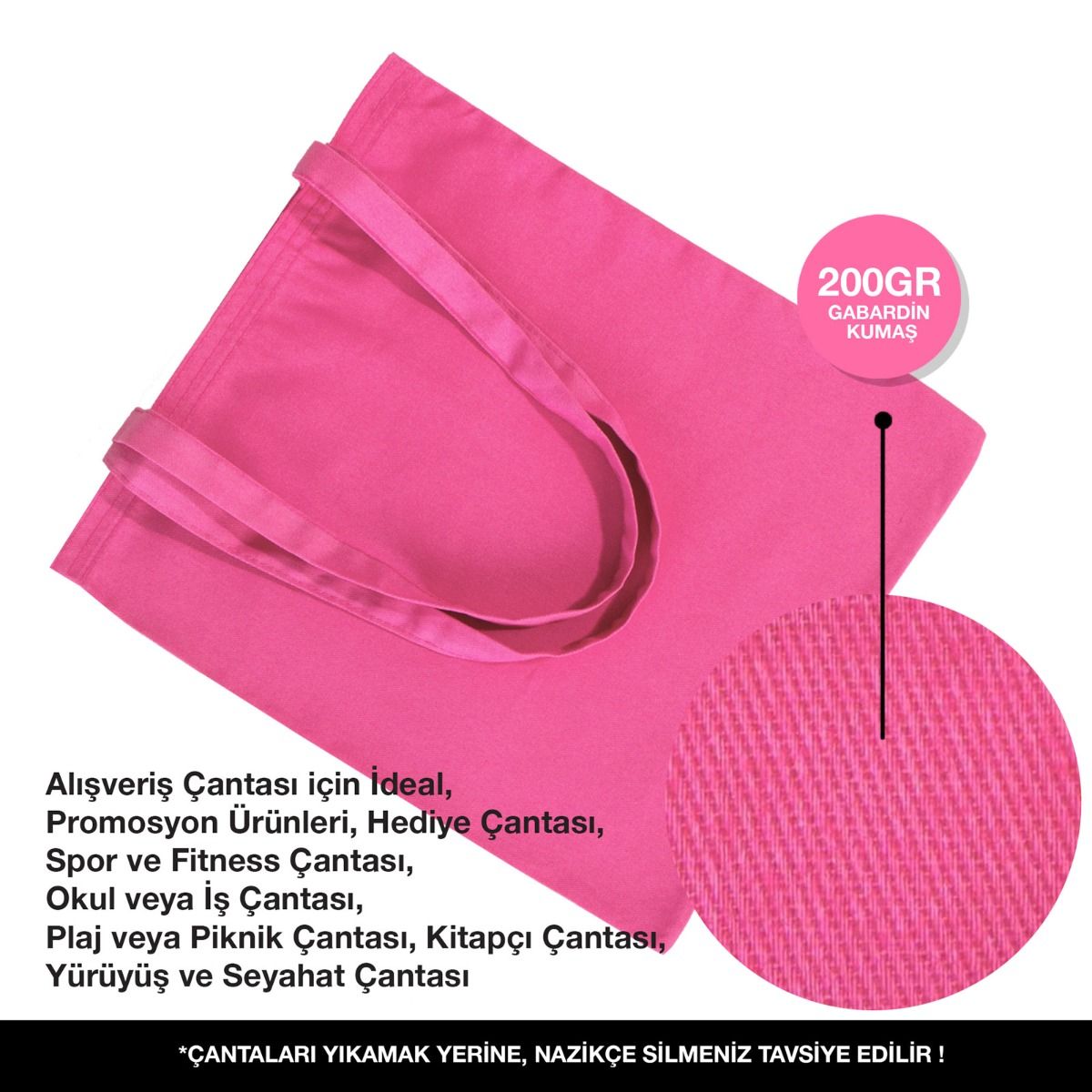 35×40 cm pembe tote çanta; pembe fermuarlı; ön yüzünde 18 farklı tasarım seçeneği bulunur.