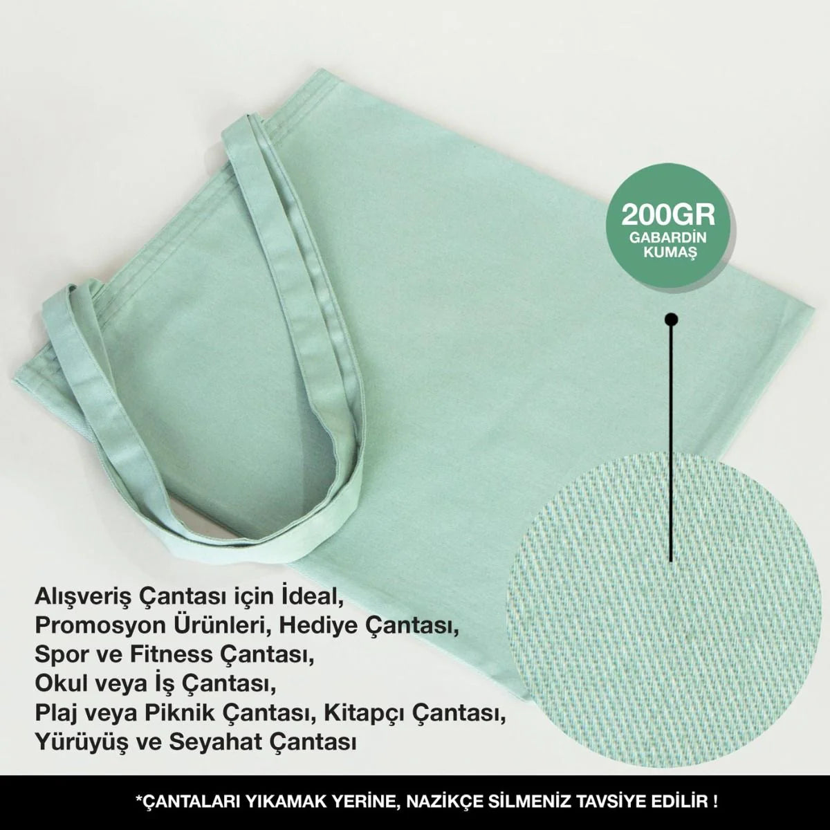 35x40 cm Mint Yeşili Gabardin Bez Çanta - Kadınlar Günü - görsel 8