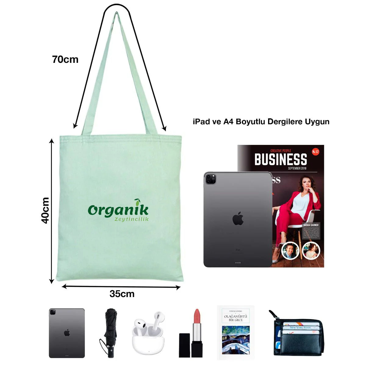 35x40 cm Mint Yeşili Gabardin Bez Çanta - Bayram Çantası