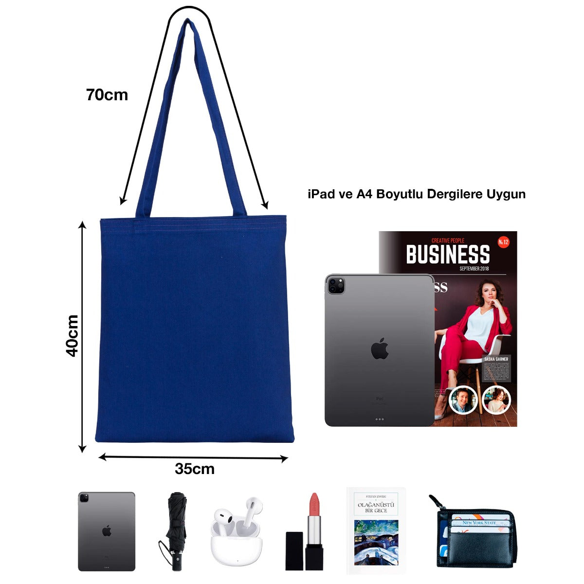 Mavi renkte, 35×40 cm boyutlarında bir taşıma çantası. Ön yüzünde karne günü temalı özelleştirilebilir alan bulunmaktadır.